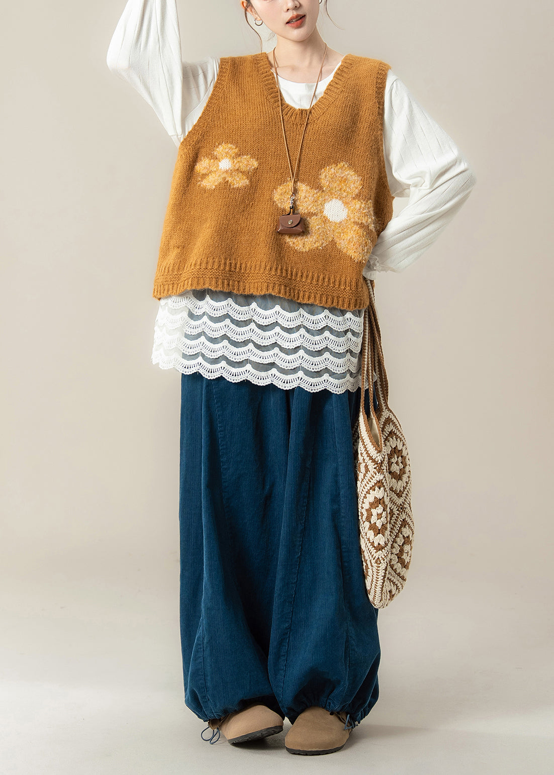 New Yellow V Neck Floral Knit Vest Cotton T Shirt And Corduroy Pants 3 Piece Set Spring