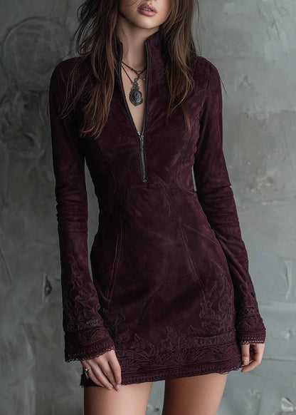 New Zip Up Embroidered Lace Faux Suede Mid Dresses Fall