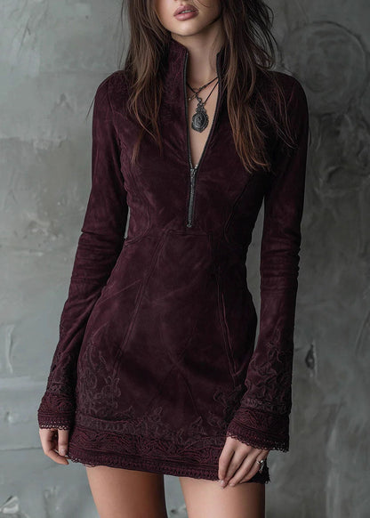 New Zip Up Embroidered Lace Faux Suede Mid Dresses Fall