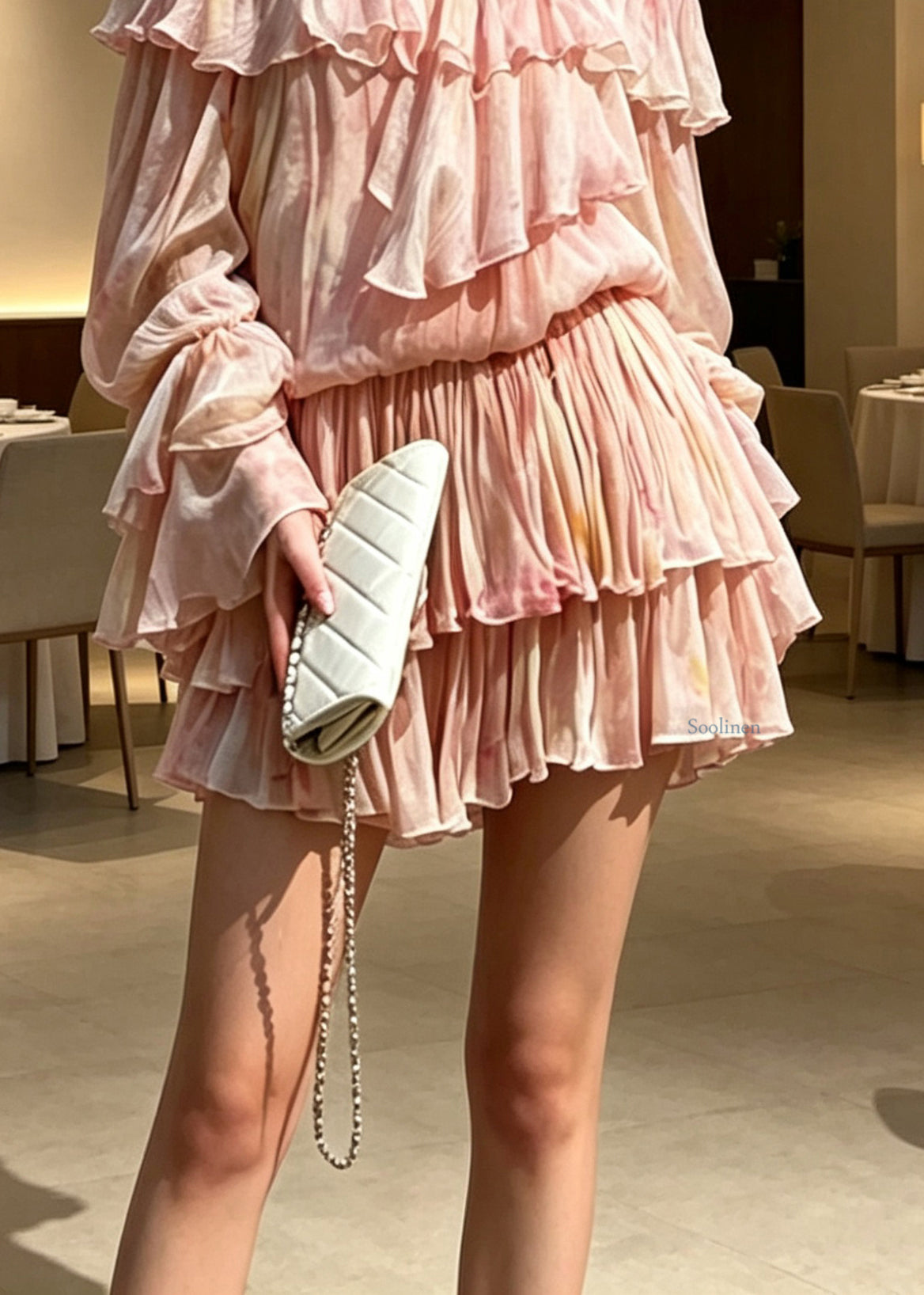 Novelty Pink Ruffled Patchwork Cold Shoulder Chiffon Mid Dress Long Sleeve