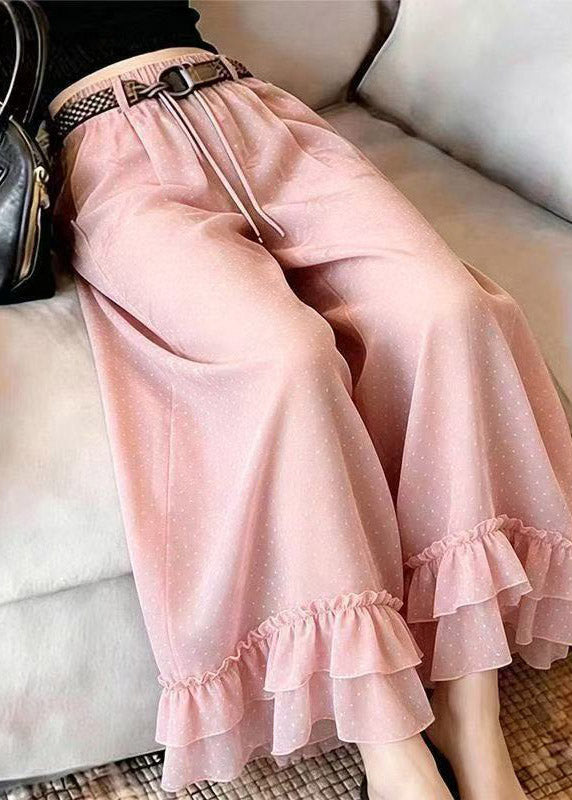 Novelty Pink Ruffled Print Chiffon Crop Pants Summer