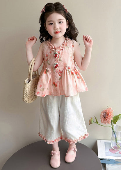 Novelty Pink Ruffled Wrinkled Print Kids Top And Crop Pants Two Piece Set Sleeveless