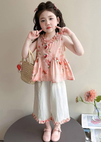 Novelty Pink Ruffled Wrinkled Print Kids Top And Crop Pants Two Piece Set Sleeveless