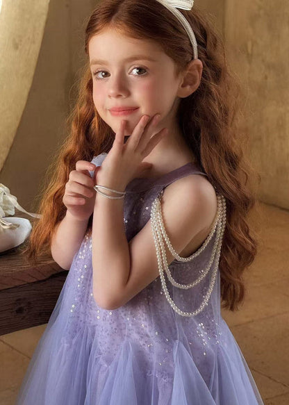 Novelty Purple O-Neck Pearl Patchwork Tulle Kids Maxi Dress Sleeveless