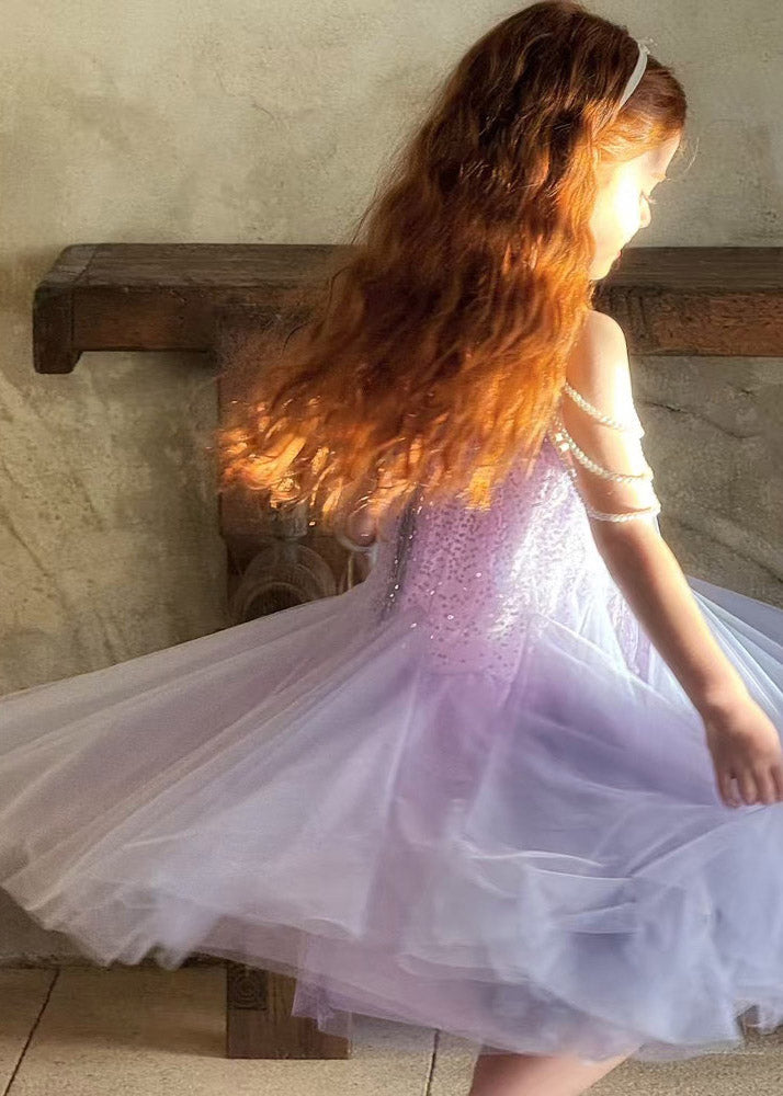 Novelty Purple O-Neck Pearl Patchwork Tulle Kids Maxi Dress Sleeveless