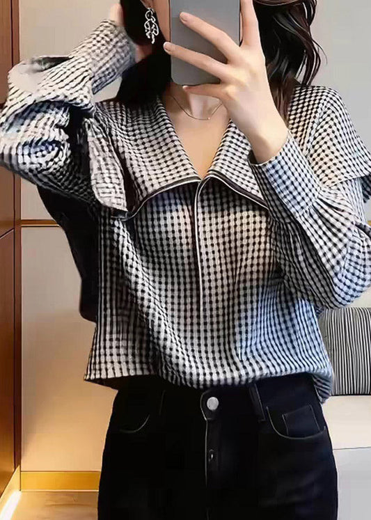 Organic Black White Plaid Peter Pan Collar Shirts Spring