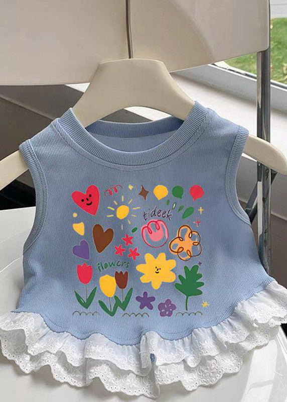 Organic Blue Love Flower Cluster Print Patchwork Kids Vest Summer