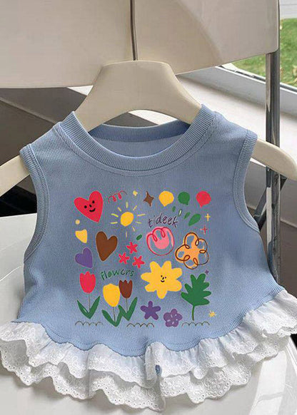 Organic Blue Love Flower Cluster Print Patchwork Kids Vest Summer