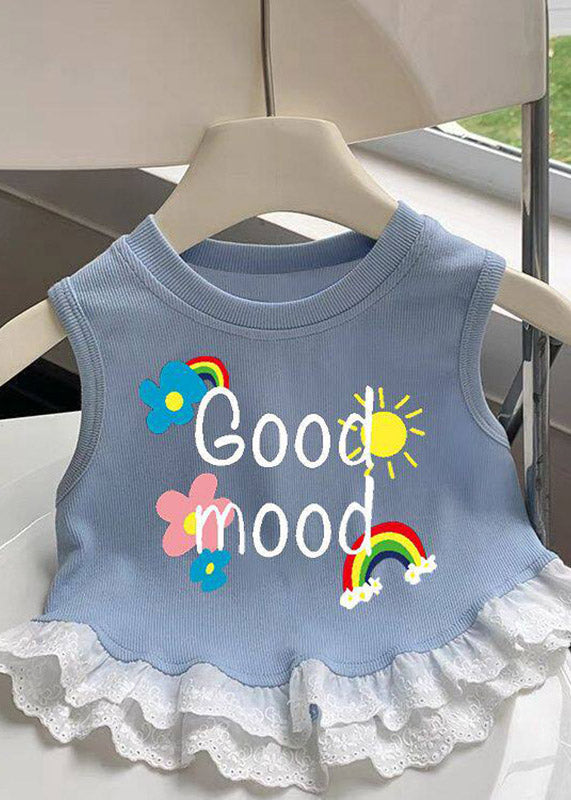 Organic Blue Love Flower Cluster Print Patchwork Kids Vest Summer