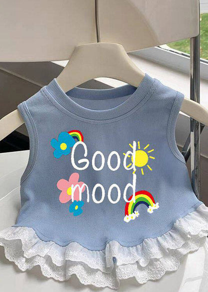 Organic Blue Love Flower Cluster Print Patchwork Kids Vest Summer
