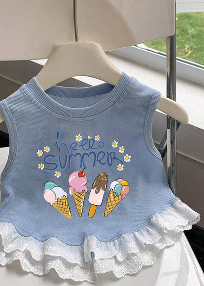 Organic Blue Love Flower Cluster Print Patchwork Kids Vest Summer