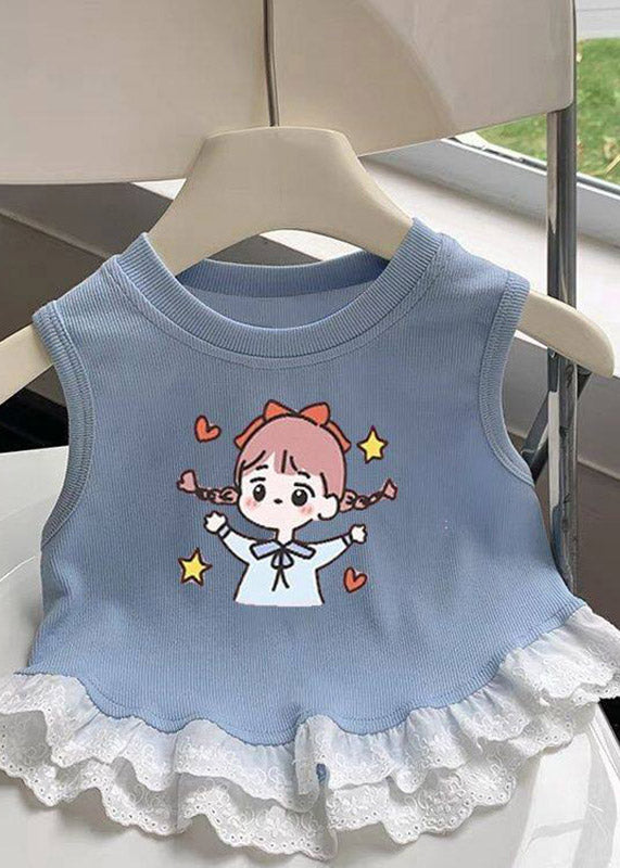 Organic Blue Love Flower Cluster Print Patchwork Kids Vest Summer