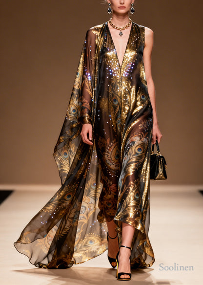 Organic Brown Asymmetrical Print Rhinestone Silk Party Dress Summer