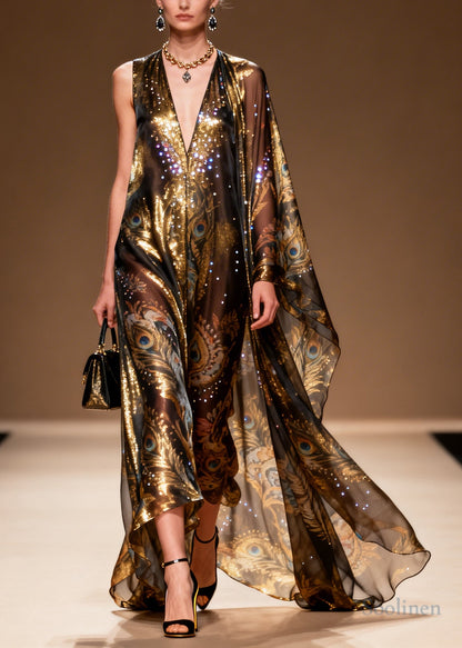 Organic Brown Asymmetrical Print Rhinestone Silk Party Dress Summer