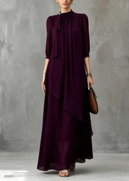 Organic Dark Purple Stand Collar Solid Maxi Dress Half Sleeve