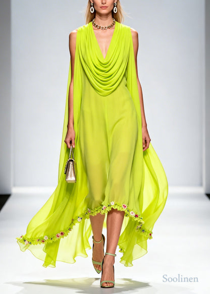 Organic Fluorescent Green Turtle Neck Floral Chiffon Long Dresses Summer