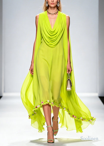 Organic Fluorescent Green Turtle Neck Floral Chiffon Long Dresses Summer