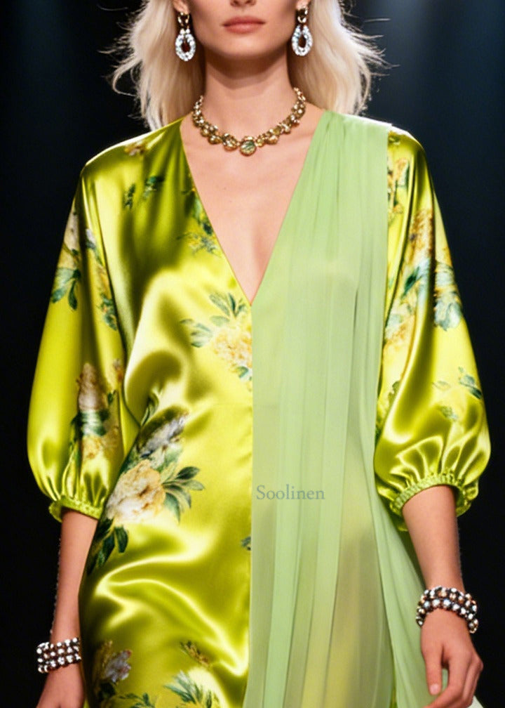 Organic Grass Green Asymmetrical Patchwork Silk Ankle Dress Summer