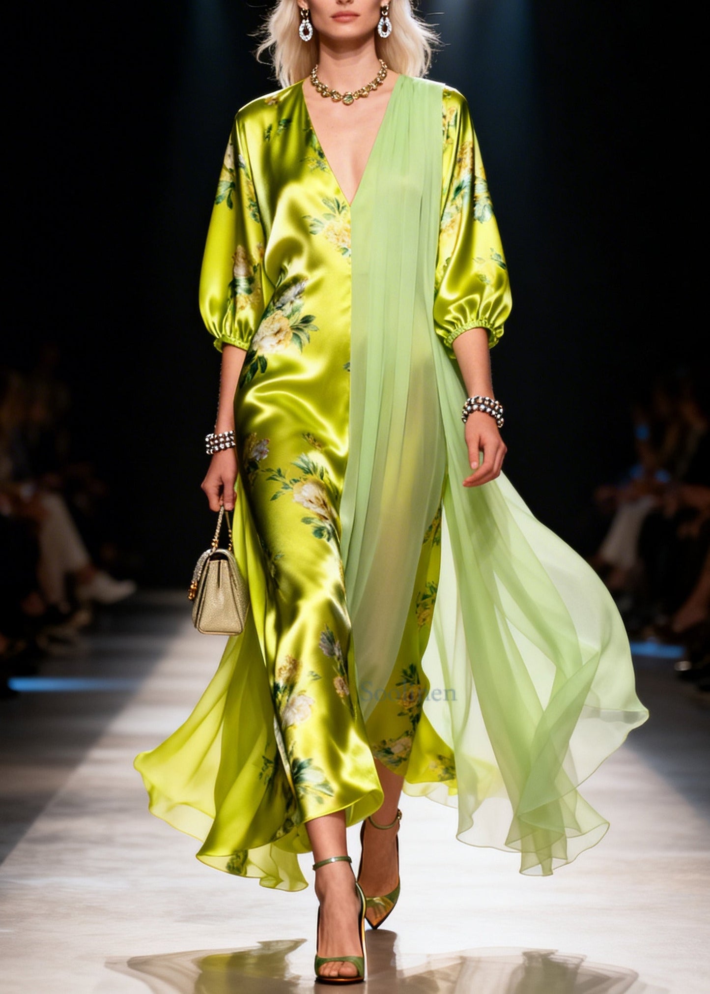 Organic Grass Green Asymmetrical Patchwork Silk Ankle Dress Summer