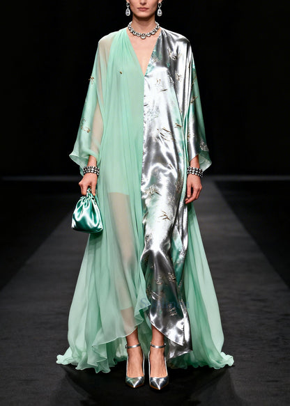 Organic Green Asymmetrical Patchwork Exra Large Hem Chiffon Party Dress Summer
