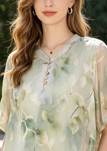 Organic Green Jacquard Chinese?Button Chiffon Blouses Summer
