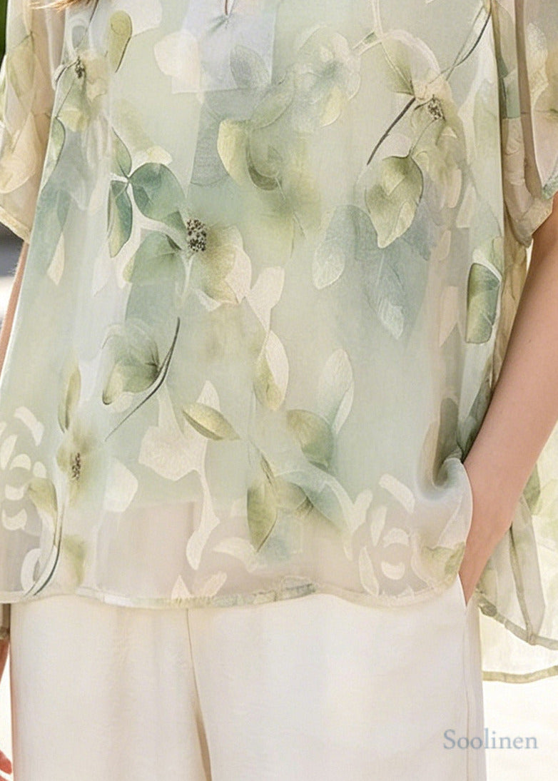Organic Green Jacquard Chinese?Button Chiffon Blouses Summer