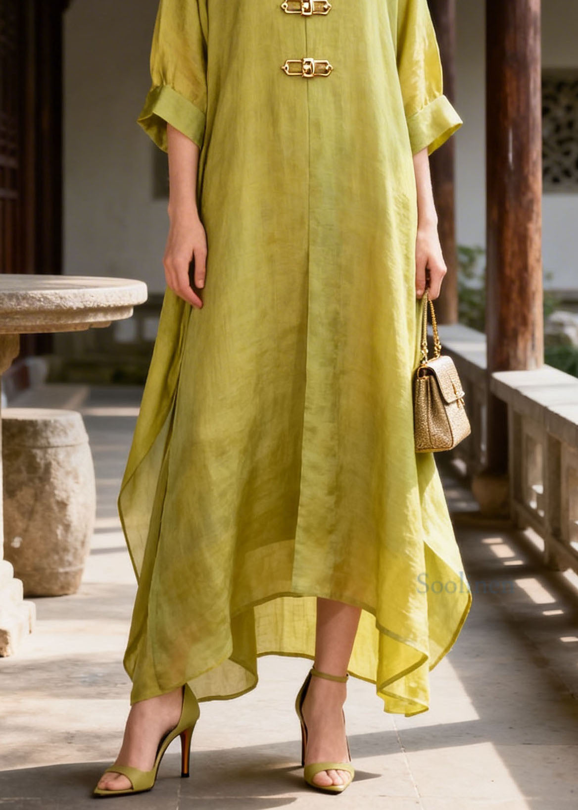 Organic Green V Neck Patchwork Cotton Long Dresses Summer