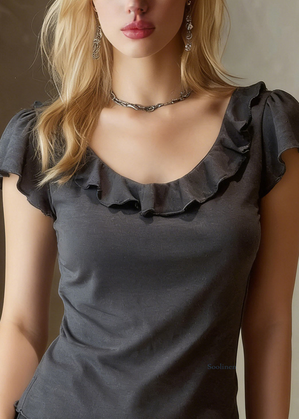 Organic Grey Ruffled Patchwork Solid T Shirt Summer