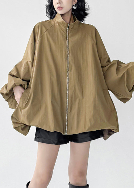 Organic Khaki Zippered Patchwork Solid Trench Coats Fall
