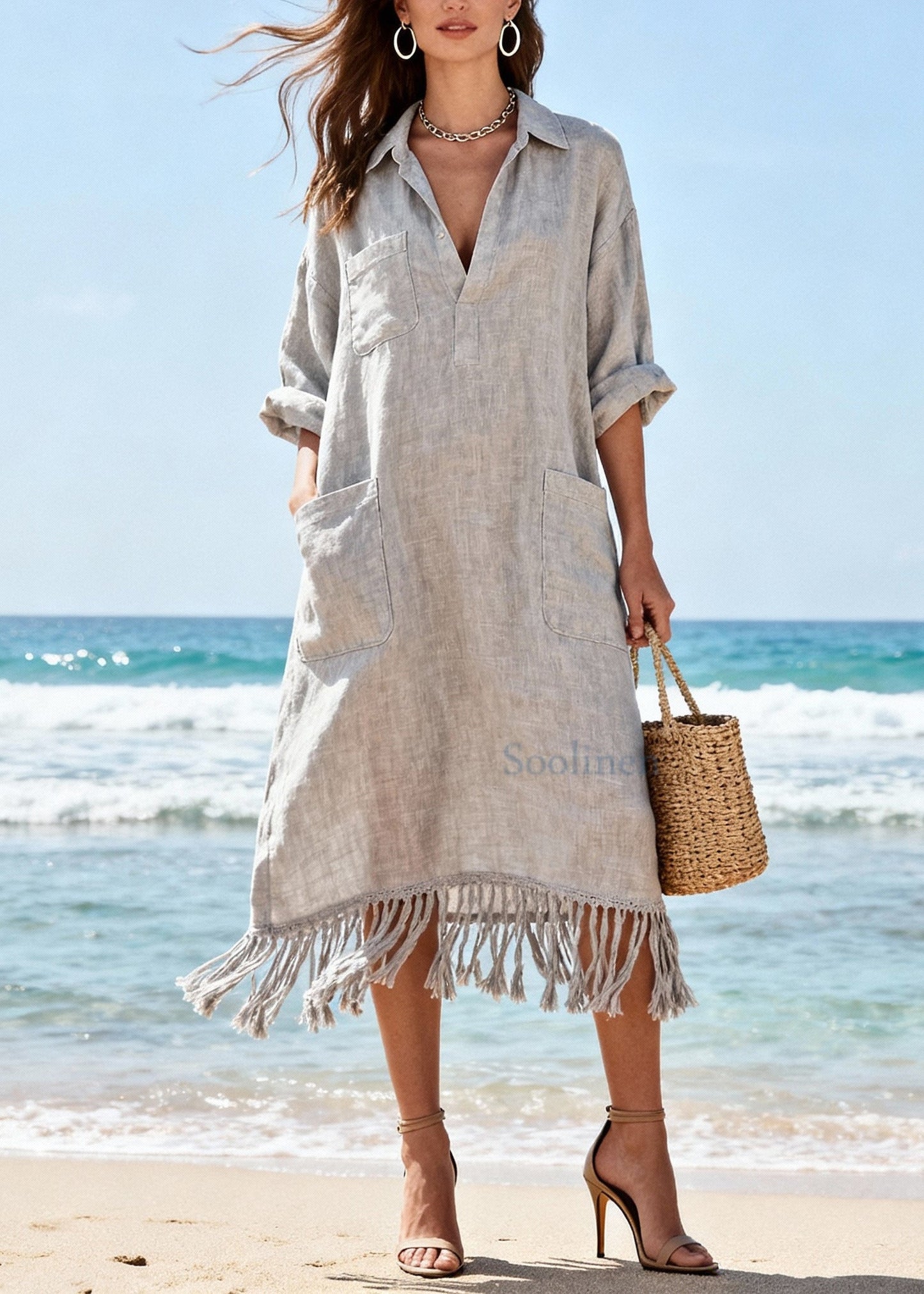 Organic Light Grey Tasseled Pockets Cotton Long Dress Spring