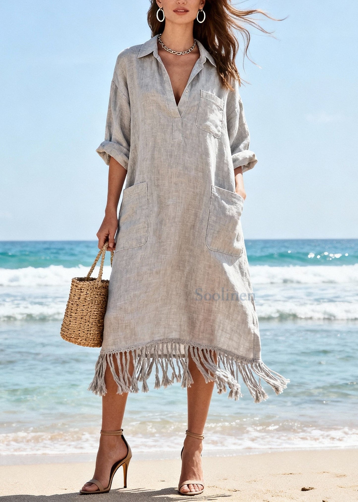 Organic Light Grey Tasseled Pockets Cotton Long Dress Spring