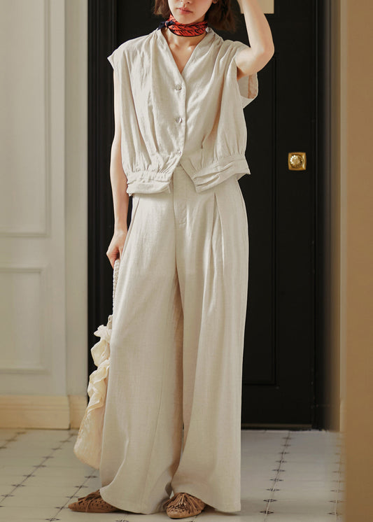 Organic Linen Color V Neck Cotton Two-Piece Set Summer