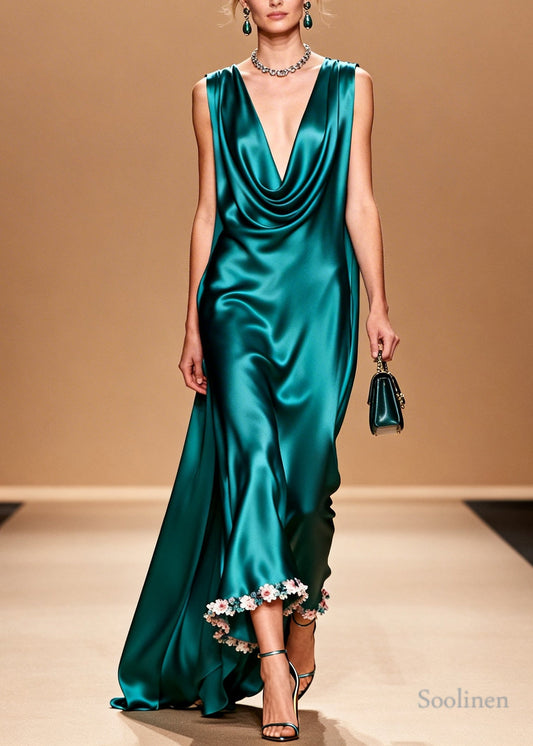 Organic Peacock Green Turtle Neck Floral Silk Maxi Dress Summer