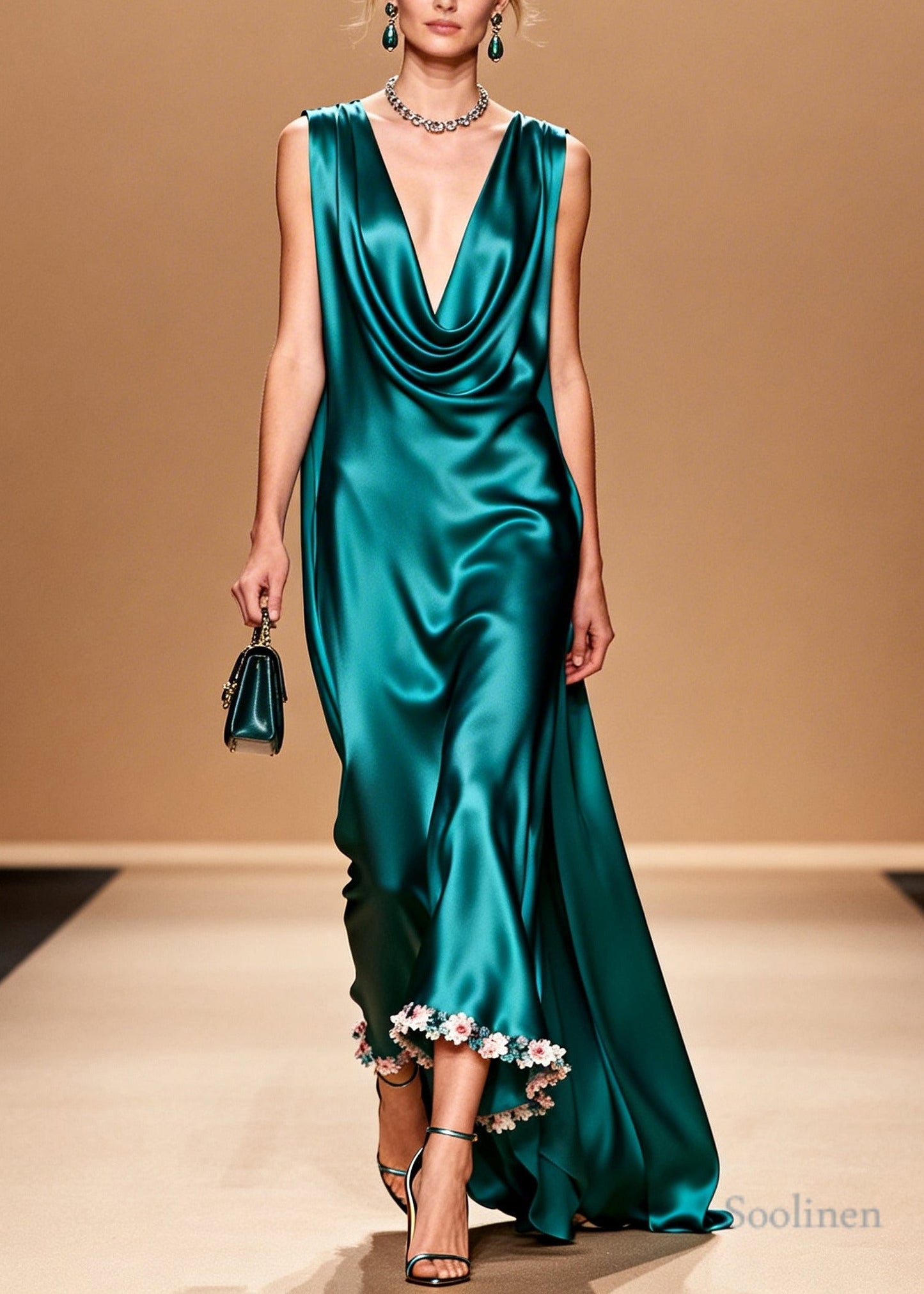 Organic Peacock Green Turtle Neck Floral Silk Maxi Dress Summer