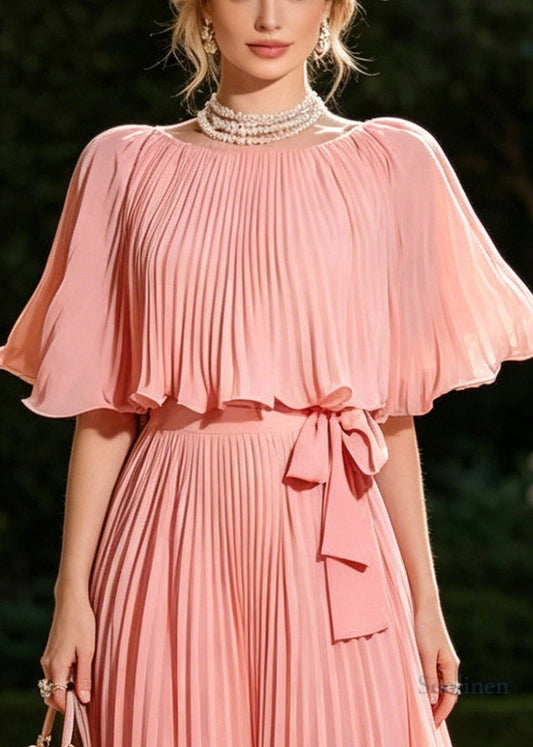 Organic Pink Tie Waist Wrinkled Chiffon Long Dresses Cloak Sleeves