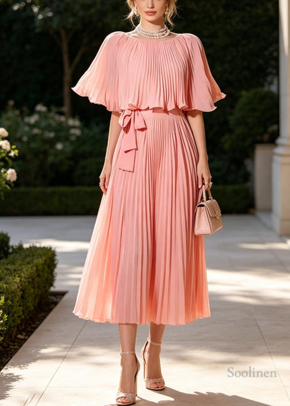 Organic Pink Tie Waist Wrinkled Chiffon Long Dresses Cloak Sleeves