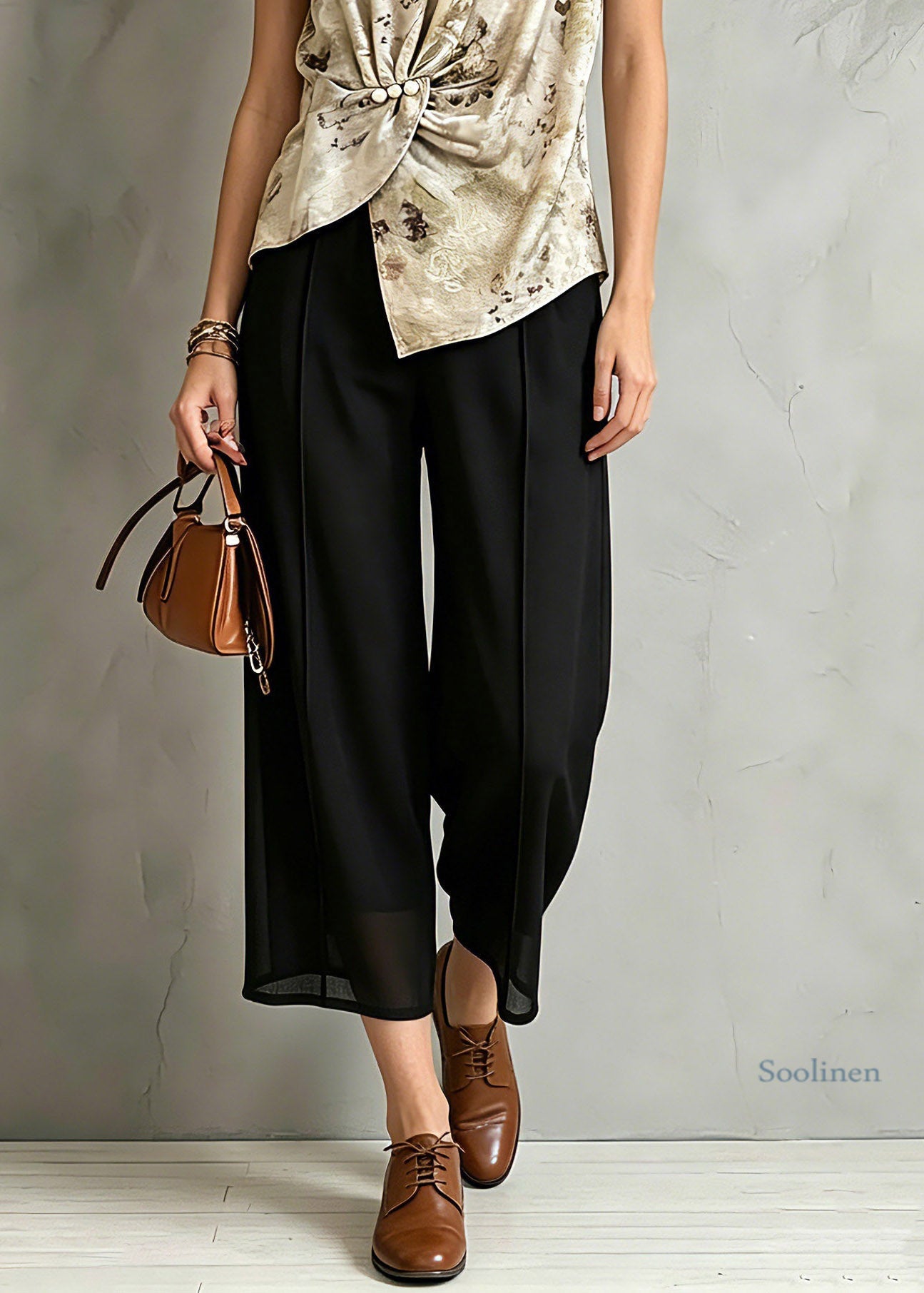 Organic Print Silk Tops And Crop Pants Two Pieces Set Short Sleeve