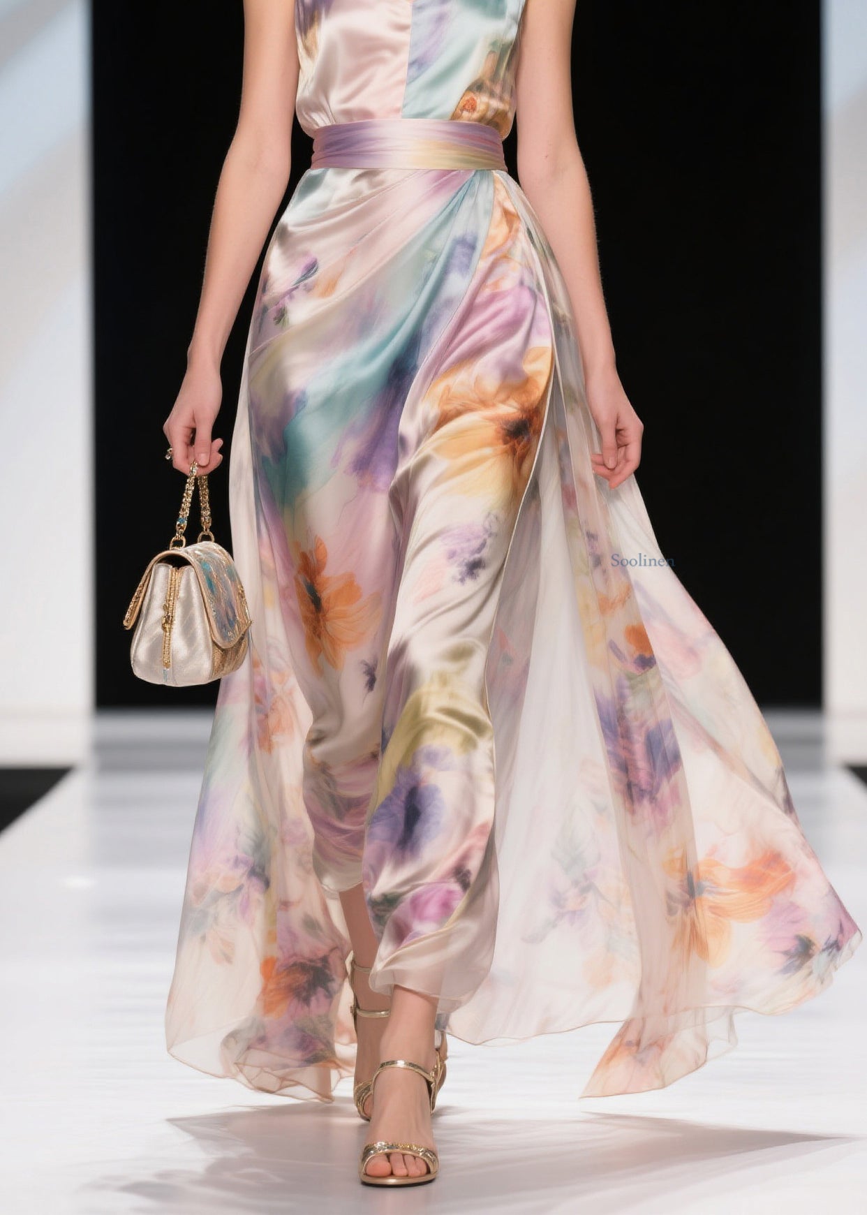 Organic Print Tunic Chiffon Long Spaghetti Strap Dresses Sleeveless
