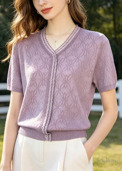 Organic Purple V Neck Jacquard Knit Blouses Summer