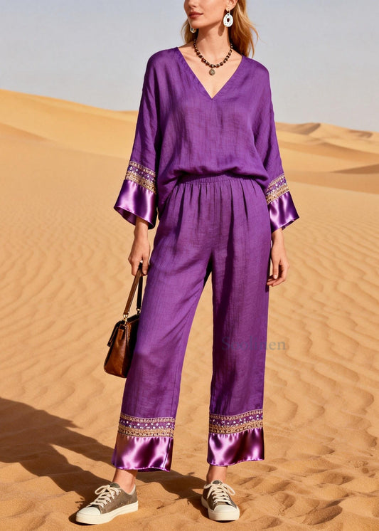 Organic Purple V Neck Patchwork Silk Cotton Two Piece Set Spring