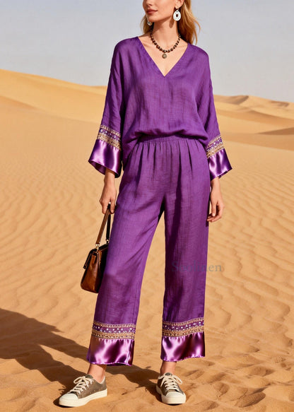 Organic Purple V Neck Patchwork Silk Cotton Two Piece Set Spring