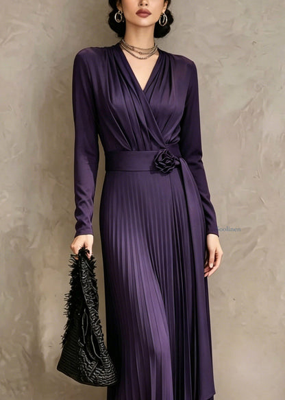 Organic Purple V Neck Tunic Solid Maxi Dress Fall