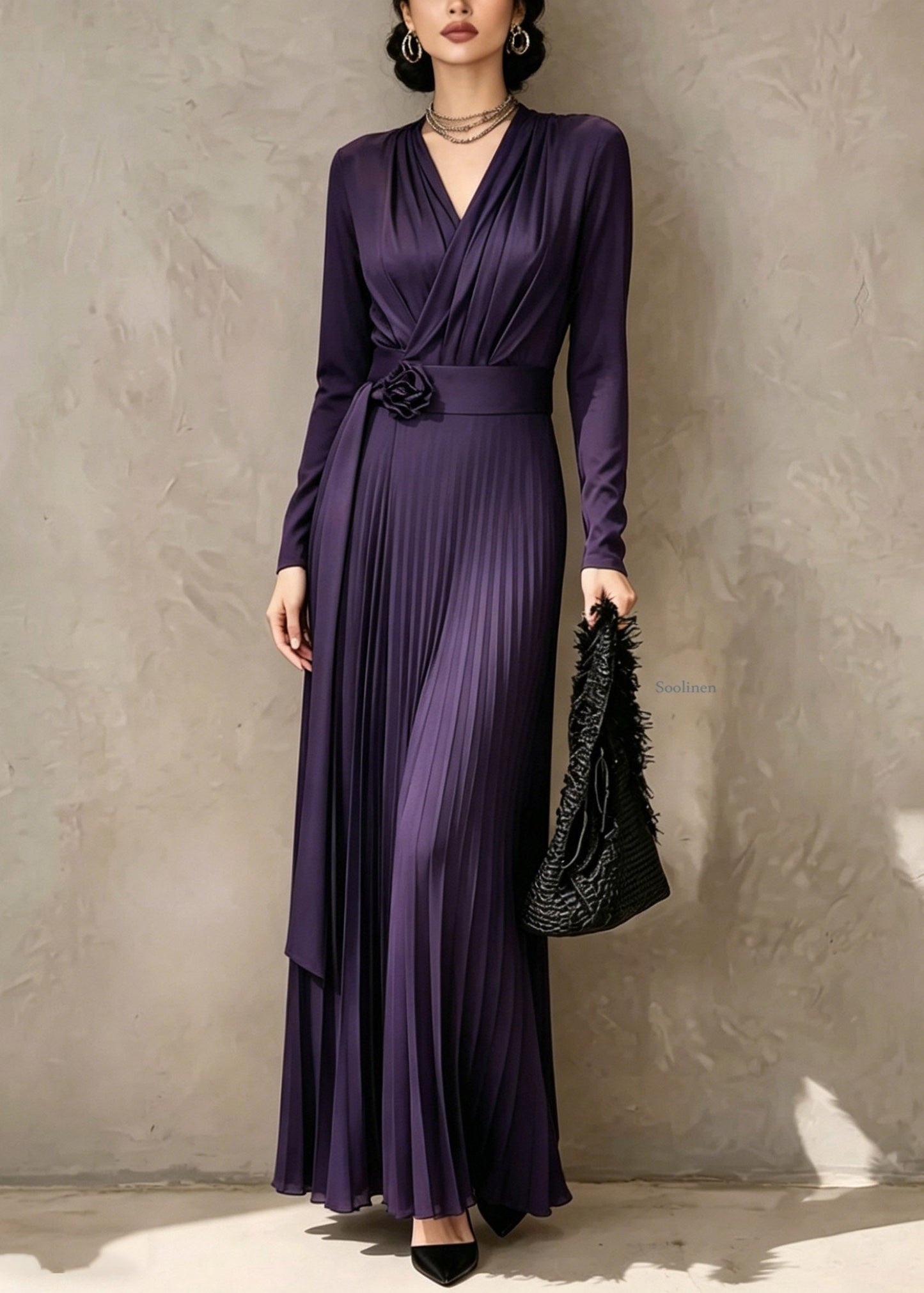 Organic Purple V Neck Tunic Solid Maxi Dress Fall