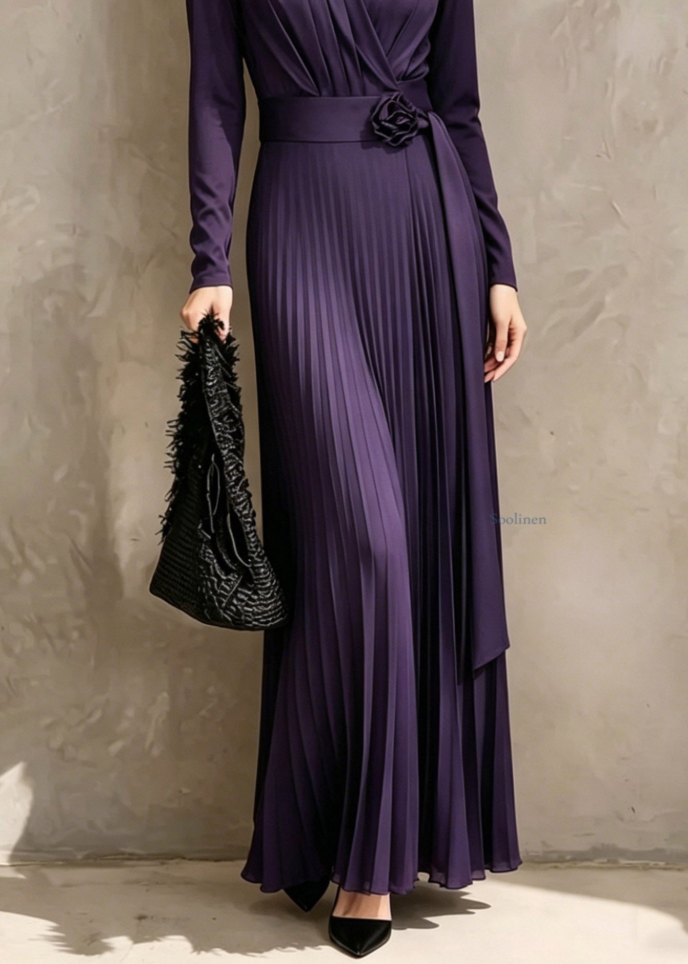 Organic Purple V Neck Tunic Solid Maxi Dress Fall