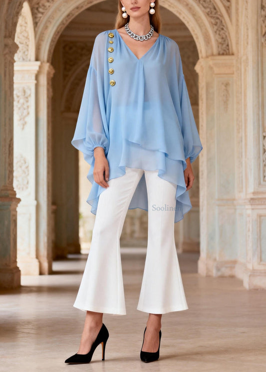 Organic V Neck Top And Pants Chiffon Two Piece Set Outfits Spring