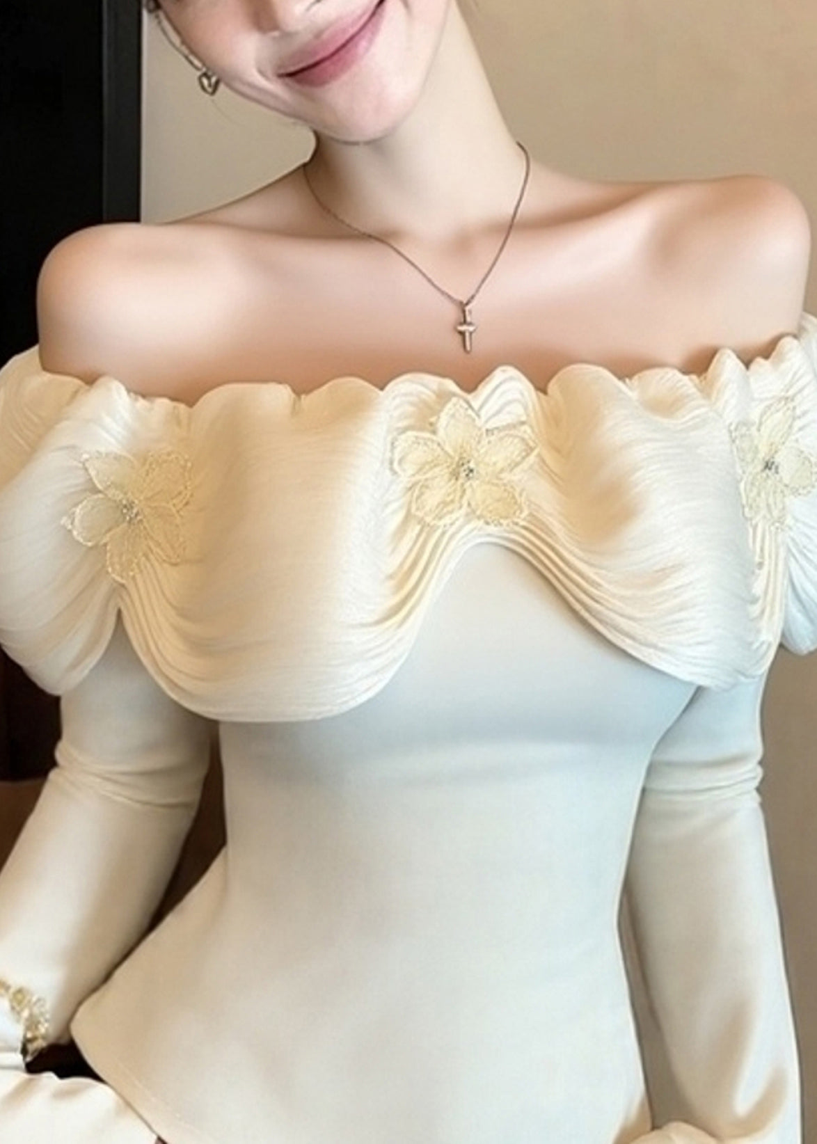 Organic White Cold Shoulder Floral Cotton Blouses Spring
