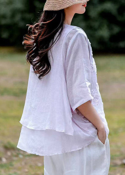 Organic White O-Neck Embroidered Fake Two-Piece Linen Top Summer