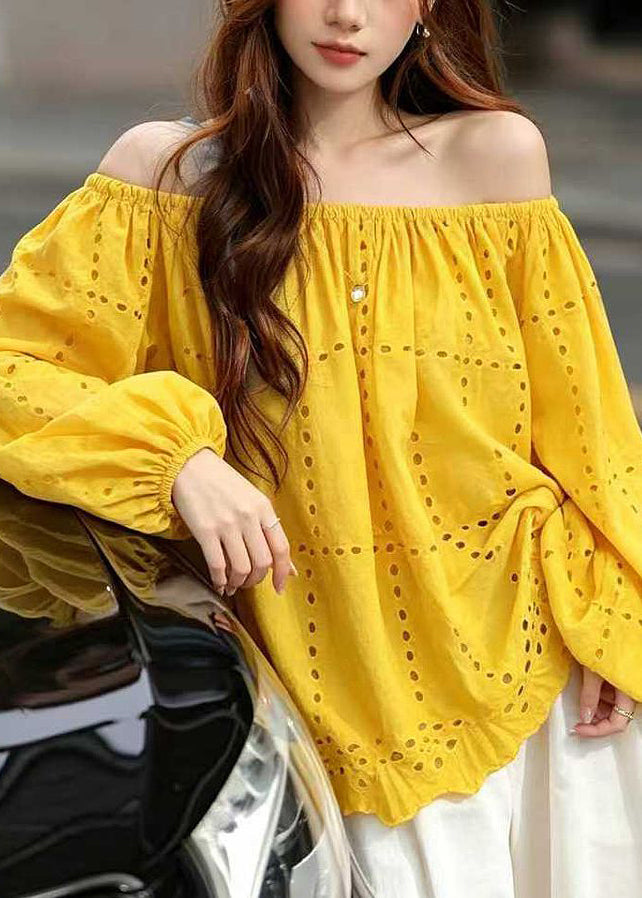 Organic Yellow Slash Neck Hollow Out Shirt Fall