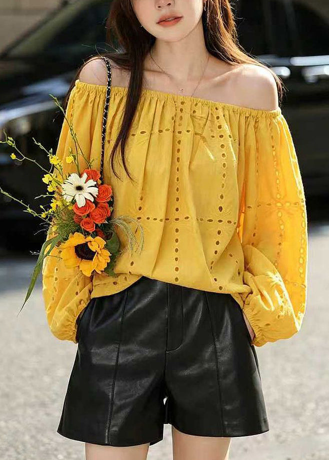 Organic Yellow Slash Neck Hollow Out Shirt Fall