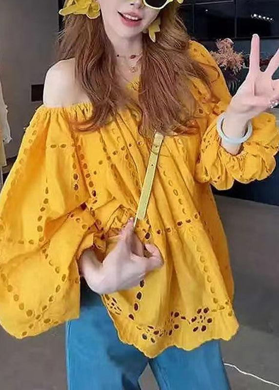 Organic Yellow Slash Neck Hollow Out Shirt Fall